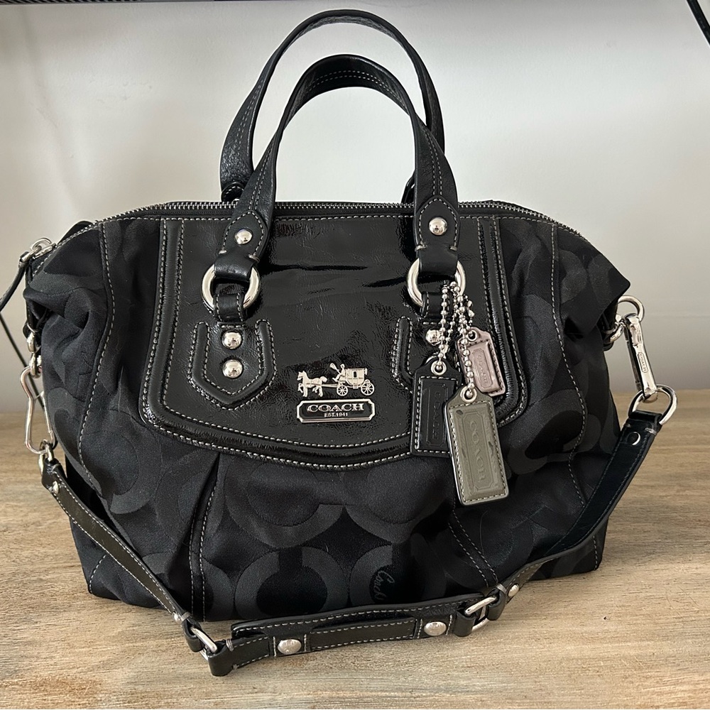 Coach Madison Audrey Black Signature Jacquard Satchel Silver Hardware
